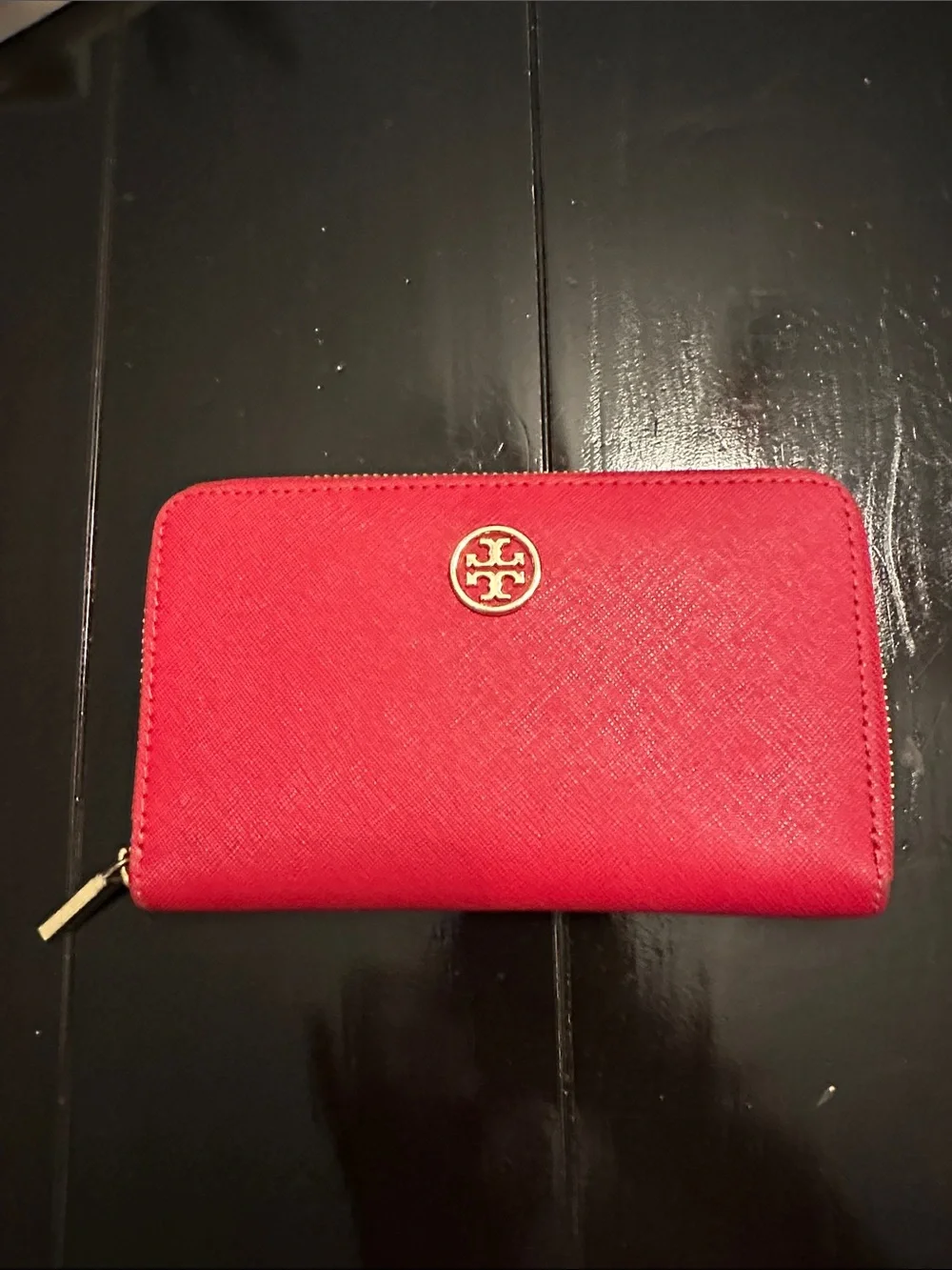Tory Burch Red Zip Wallet with Gold Logo